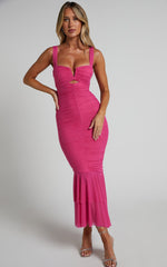 Kody Midi Dress - Bodycon Ruched Mesh Cut Out Dress in Hot Pink