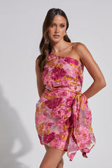 Brailey Mini Dress - One Shoulder Wrap Front Dress in Pink Jacquard