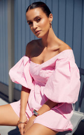 Sula Mini Dress - Asymmetric Off One Shoulder Puff Sleeve Dress in Pink