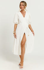 Junmae Midi Dress - Tiered Waffle Wrap Dress in Ivory