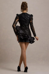 Myka | Black Sequin Long-Sleeve Ruffle Hem Mini Dress