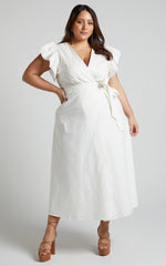 Amalie The Label - Palmer Linen Blend Frill Sleeve Wrap Dress in White