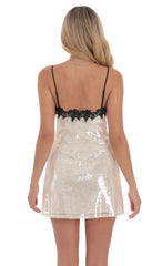 Floral Trim Sequin Dress in Cream