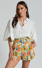 Amalie The Label - Noemie Linen Blend High Waisted Belted Tailored Shorts in Morocco Print