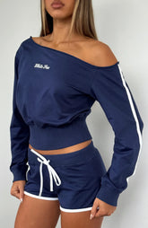 High Roller Off Shoulder Long Sleeve Sweater Navy
