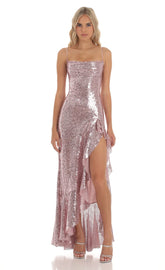 Sequin Ruffle Dress in Rose Gold