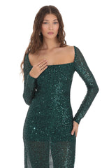 Sequin Open Back Dress in Green