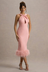 Titania | Pink Twist-Neck Feather Hem Midi Dress