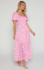 Harley Midi Dress - Puff Sleeve Dress in Pink