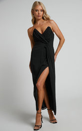 Raquella Midi Dress - Twist Front Thigh Split Strapless Dress in Black