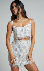 Khrizza Top - Sequin Diamond Mesh Cropped Cami Top in White/Silver