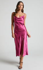 Sherrie Midi Dress - Cowl Neck Open Back Satin Dress in Berry