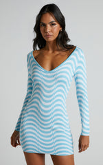 Lizia Mini Dress - Intarsia V Neck Long Sleeve Bodycon Dress in Wavy Stripe