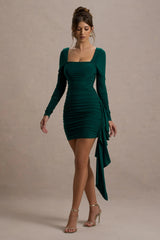Crimson Cut | Bottle Green Long-Sleeved Ruffled Bodycon Mini Dress