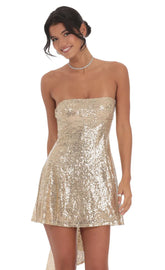 Sequin Back Bow Dress in Gold