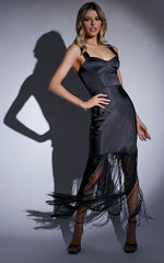 Eiren Midi Dress - Corset Bodice Fringe Detail Dress in Black