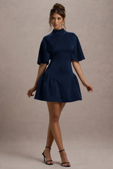 Alva | Navy High-Neck Short-Sleeve Mini Dress With Volume Skirt