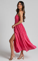 Adina Midi Dress - Embroidered Strappy Straight Neck Ruched Bodice Dress in Pink