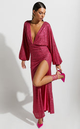Arlington Midi Dress - Sequin Long Sleeve Dress in Hot Pink