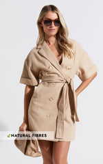Cyrus Mini Dress - Waist Wrap Short Sleeve Blazer Mini Dress in Stone