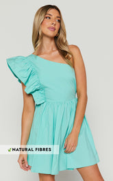 Brodie Mini Dress - One Shoulder Frill Dress in Green