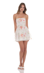 Sequin Floral Strapless Dress in White