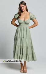 Anita Midi Dress - Puff Sleeve Tiered Dress in Sage