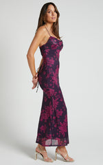 Ariel Midi Dress - Mesh Bodycon Tie Detail Dress in Purple Floral