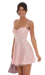 Sequin Ruffle Strap A-Line Dress in Pink