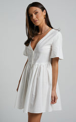 Staycation Mini Dress - Smock Button Up Dress in White
