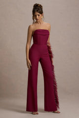 Topic Of Talk | Burgundy Strapless Bandeau Wide-Leg Jumpsuit With Feather Trim
