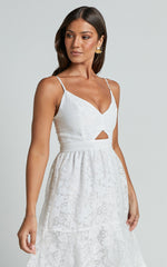 Jorie Midi Dress - Strappy Front Cut Out Tiered Skirt in White