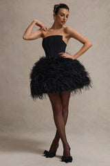 Peaches | Black Strapless Mini Dress With Volume Feather Hem