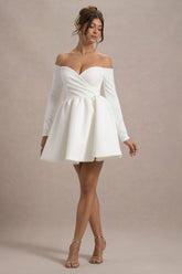 Marta | White Bardot Long-Sleeve Mini Dress