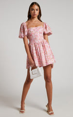 Phorchia Mini Dress - Fit and Flare Puff Sleeve Corset Dress in Fleur Print