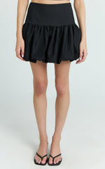 Abellina Mini Skirt - High Waist Bubble Hem Skirt in Black