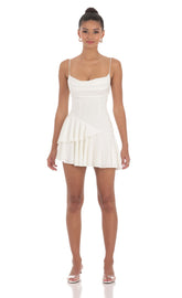 Cowl Neck Asymmetrical Ruffle Dress in White