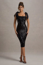 Solaria | Black Sequin Midi Dress With Bow Straps