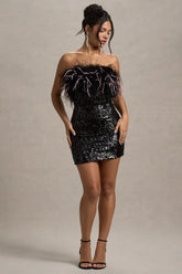 Starlit | Black Sequin Bardot Mini Dress With Feather Trim