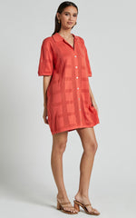 Tully Mini Dress - Knitted Button Through Shift Dress in Coral