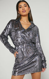 Marija Mini Dress - Sequin Wrap Shirt Dress in Gunmetal