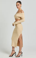 Alabama Midi Dress - Off One Shoulder Asymmetric Long Sleeve Knit Dress in Sand