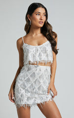 Khrizza Top - Sequin Diamond Mesh Cropped Cami Top in White/Silver