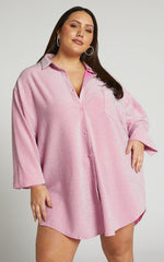 Ruri Mini Dress - Sparkly Oversized Shirt Dress in Pink