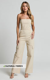 Nellia Jumpsuit - Strapless Straight Leg Cargo Jumpsuit in Stone