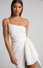 Marcelita Midi Dress - One Shoulder Drape Detail Faux Wrap Dress in White