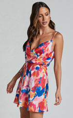 Davian Mini Dress - Cowl Neck Strappy in Pink Floral