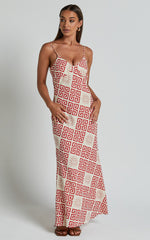 Zinnia Midi Linen Dress - Strappy Linen Slip Dress in Beige/Red Greek Sun Print