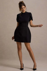 Carabella | Black High-Neck Short-Sleeve Mini Dress