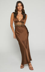 Juliet Midi Dress - V Neck Lace Insert Satin Slip Dress in Chocolate
